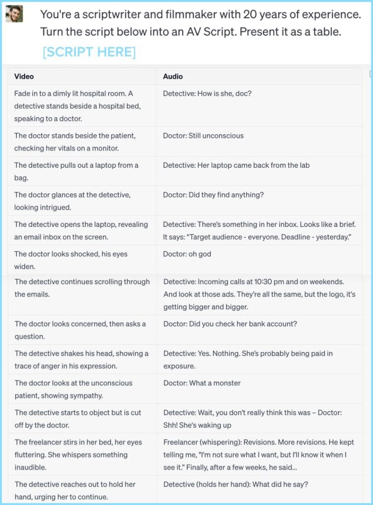 scriptwriting with ai, turning the script into a real script with directors and sound effects
