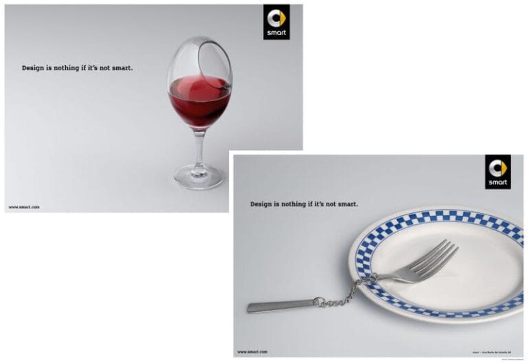 Two Smart car print ads showing cleverly dysfunctional objects — a tilted wine glass and a chained fork — with the tagline Design is nothing if it's not smart