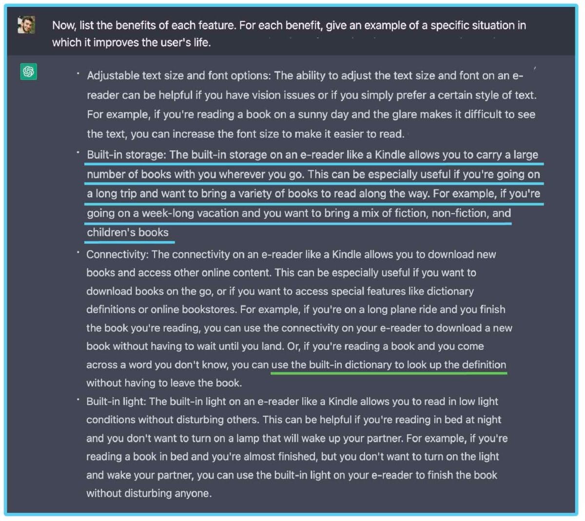 asking chagpt to explain benefits to a list of features