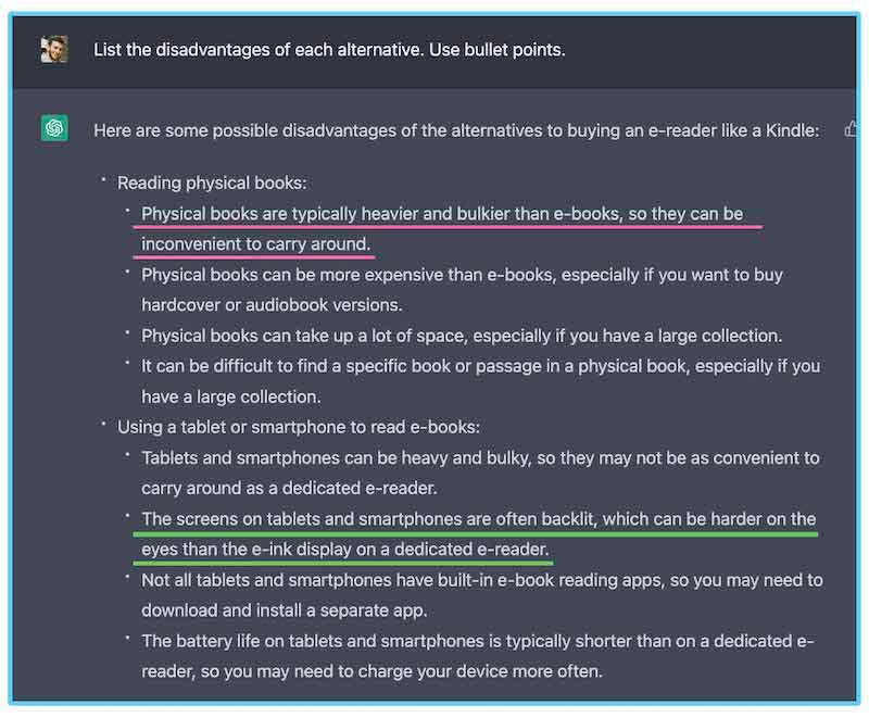 asking ai: list the disadvantages of each alternative. use bullet points.