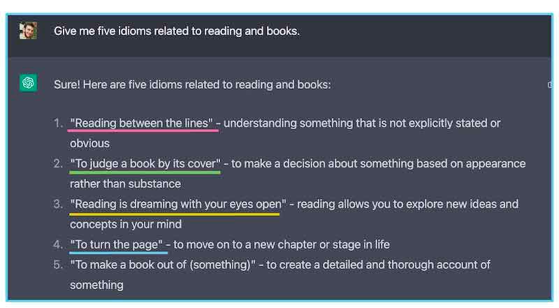 ai prompt: give me five idioms related to reading and books.