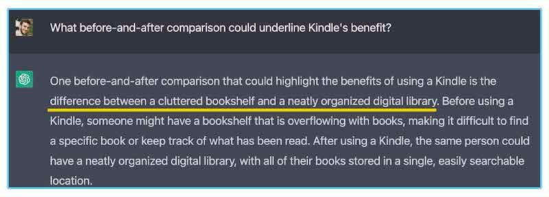 asking chatgpt, what before and after comparison could underline kindle's benefit