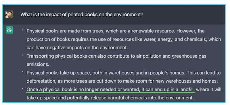 asking chatgpt what is the impact of printed books on the environment