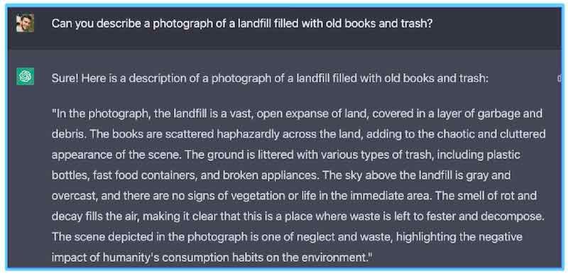 asking chatgpt to describe a photograph of a landfill with old books and trash