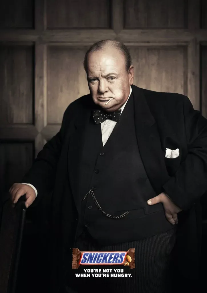 Snickers ad featuring a stern man in a suit and bow tie with the tagline You're not you when you're hungry