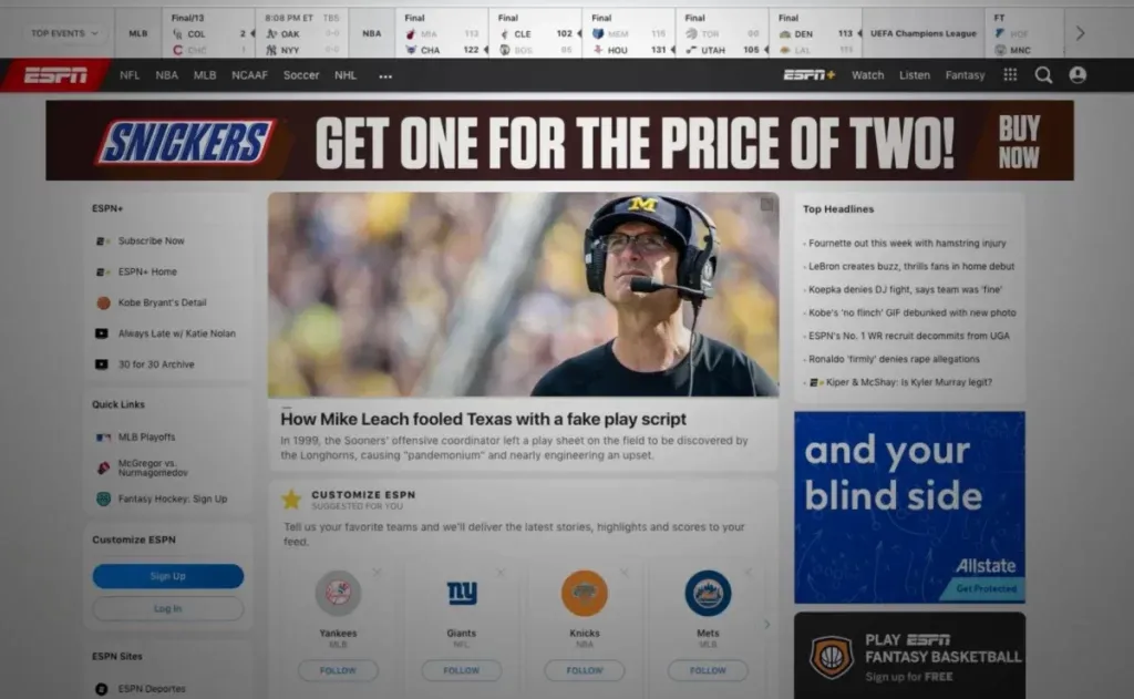 Snickers banner ad on ESPN website reading Get one for the price of two as a humorous reverse offer