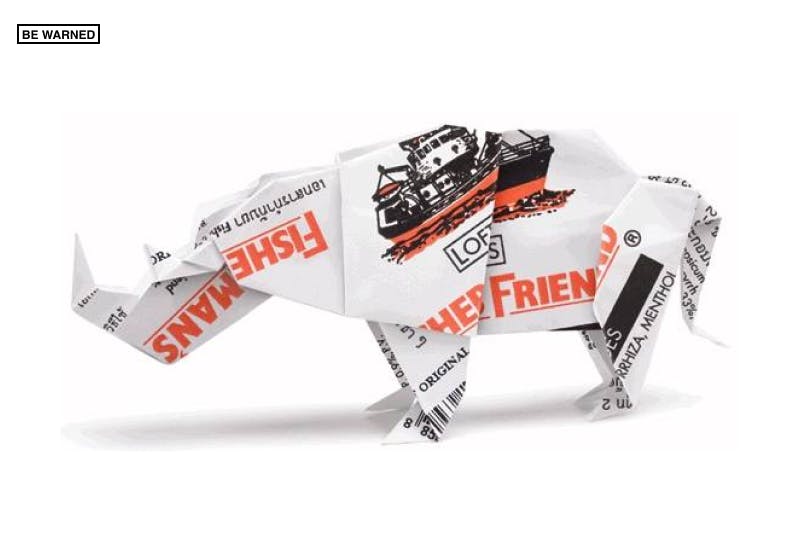 Fisherman's Friend ad featuring an origami rhinoceros folded from the brand's cough drop wrapper with the tagline Be Warned