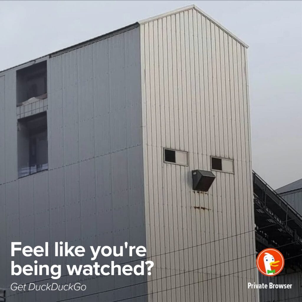 interesting image of a building that looks like a face, 'feel like you're being watched - duckduckgo'
