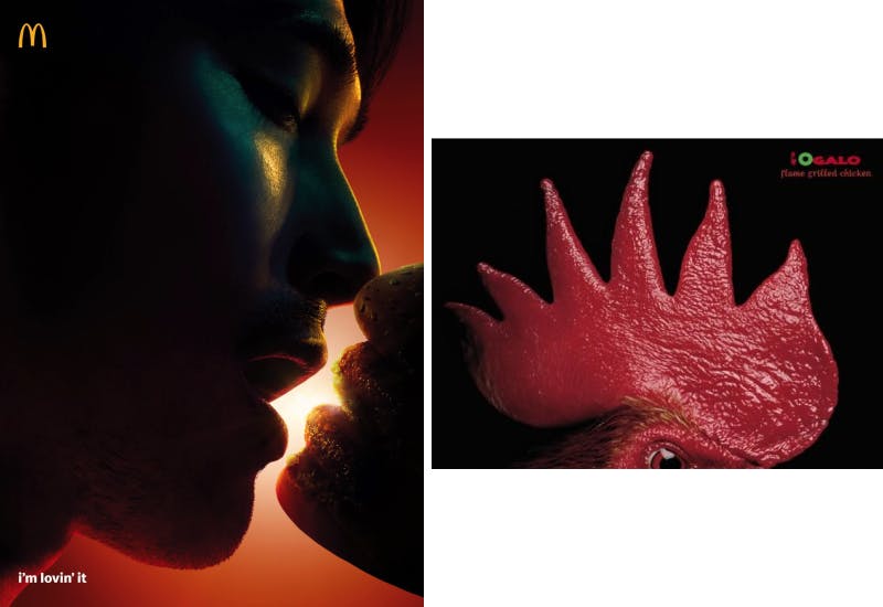 Side-by-side comparison of a cinematic McDonald's ad and an Ogalo flame grilled chicken ad, both using dramatic close-up photography with minimal copy
