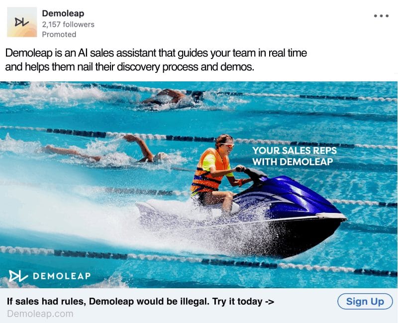 Demoleap LinkedIn sponsored ad comparing sales reps using their AI tool to a jet ski rider racing past swimmers in a pool